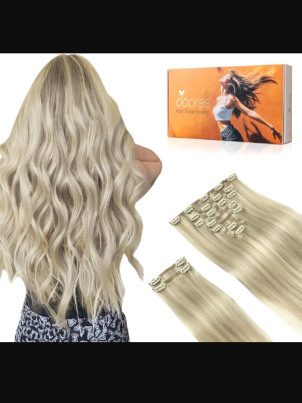 20" Real Human Hair Clip In Extensions, Ash Blonde Highlighted Platinum Blonde